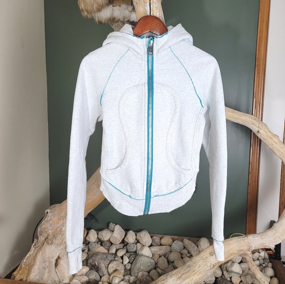RARE Lululemon Crop Scuba Hoodie Size 4 Teal Blue & Gray - Picture 3 of 6